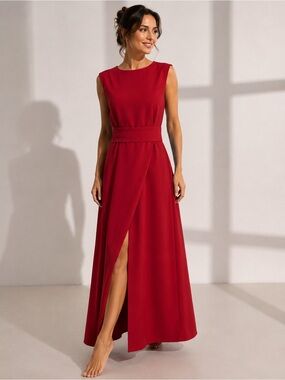 Laura Bettini Red Maxi Dress with Waistband and Front Slit